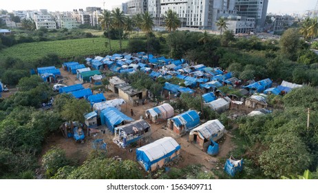 Bangalore, Karnataka / India - November 18 2019: An Aerial View Of Migrant Workers Living In An Illegal Slum. Demand Of Cheap Labor Have Given Rise To Many Such Slums At A Very Quick Pace.