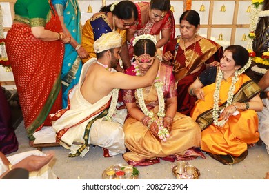 Bangalore, Karnataka, India-November 21 2021;An Important Marriage event of Mangalsutra tying ceremony after which the couple are declared Man and Wife in India.

