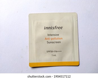 BANGIL, INDONESIA - JANUARY 29th, 2021 - 1ml Sunscreen Sachet Sample Size From Innisfree Brand