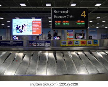 BANGKOK, THAILAND—MARCH 2018: Empty Luggage Carousel At The Suvarnabhumi Airport In Bangkok, Thailand, Before The Luggage Started Rolling In.