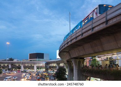 BANGKOK - AUG 23: A BTS Skytrain On Elevated Rails In Victory Monument On August 23 , 2014 In Bangkok, Thailand. The BTS System Is A Backbone Public Transportation In Bangkok.