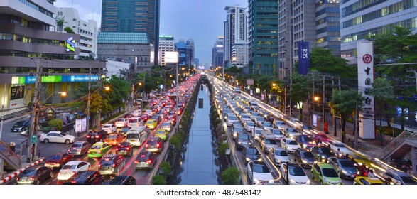 BANGKOK - August 9: Traffic jam in city center on August 9, 2016 in Bangkok, Thailand. Annually an estimated 150,000 new cars join the heavily congested streets of the Thai capital.