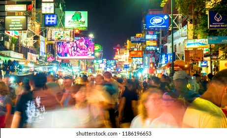 BANGKOK - CIRCA FEBRUARY 2018: View From The Middle Of The Famous Khao San Road As People Pass By On The Street In The Night Circa February 2018 In Bangkok, Thailand.