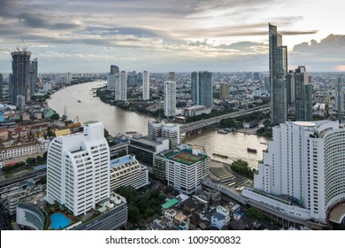 Bangkok City - Aerial View  Chao Phraya River Bangkok City Urban Downtown Skyline Of Thailand , Cityscape Thailand