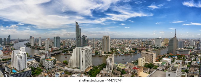 Bangkok City And Chao Phraya River Panorama View In Day Time 