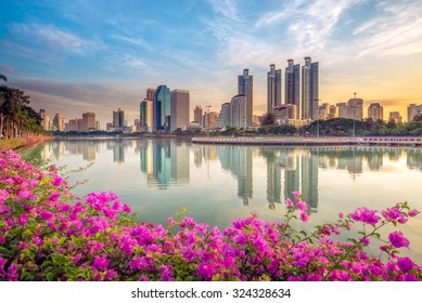 Bangkok City Downtown At Sunrise With Reflection Of Skyline, Bangkok, Thailand