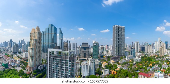 Bangkok City Skyline View In Good Day With Blue Sky. Cityscape Photo With Modern High Building In Panorama.