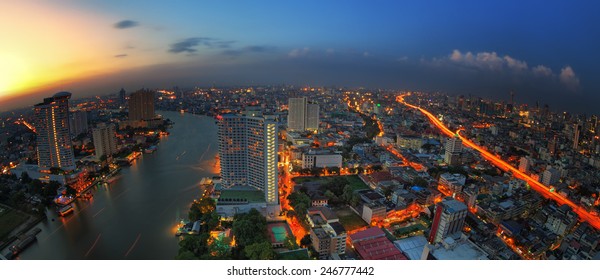 Bangkok City Sunset View With Fish Eye View Lens