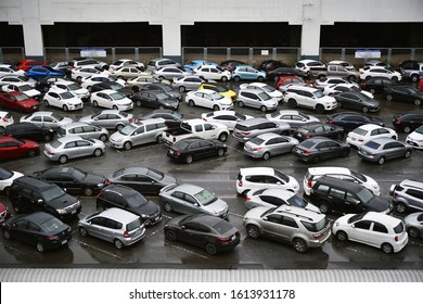 BANGKOK CITY, THAILAND - June 27th, 2019 : Parking Lot Lack Of Space Problem, Messy Car Parking Full.