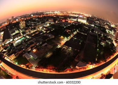 Bangkok City At Twilight Time With Fish Eye Perspective