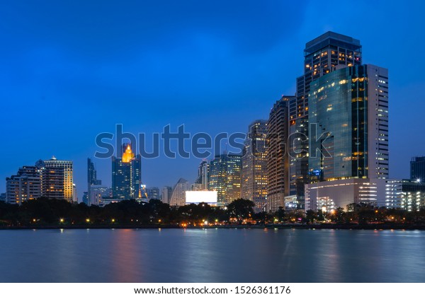 Bangkok Cityscape at dusk. Landscape of\
Bangkok business building at economic zone. Thailand aerial modern\
building in business district area at\
twilight.