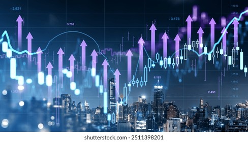 Bangkok cityscape and forex stock market hologram, cityscape at night. Candlesticks dynamics and statistics, bar chart with numbers. Concept of investment, trading and profit