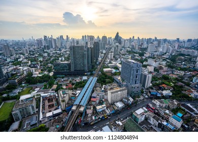 Bangkok Cityscape View From Octave Rooftop Bar At Sukhumvit Road With Sunset