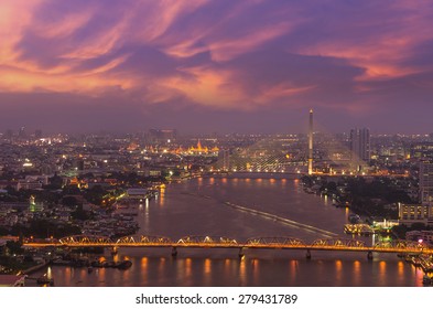 Bangkok Cityscape which can see Rama VIII bridge, Krung Thon Bridge and Grand palace or wat phar keao temple at twilight time, Thailand