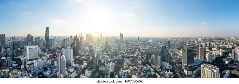 Bangkok - Dec 17, 2019 : Panorama landscape view of Bangkok city and business urban downtown with blue sky , Cityscape capital and financial district center of Bangkok, Thailand