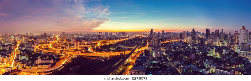 Bangkok Expressway top view in panorama at sunrise, Thailand.