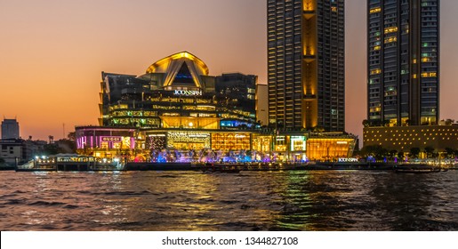 BANGKOK - FEB 28, 2019 : ICONIC Multimedia Water Features, a mixture of lights, sounds and multimedia near by Chao Phraya River. This fountain dances show daily at River Park, ICONSIAM, Thailand.