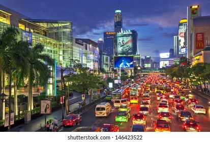 BANGKOK - JULY 1: Road with traffic jams. Area in front Central World. Economic center of Bangkok., Thailand on July 1, 2013.