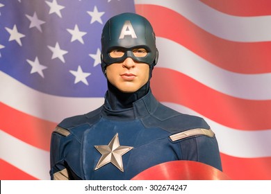 BANGKOK -JULY 22: A waxwork of Captain America on display at Madame Tussauds on July 22, 2015 in Bangkok, Thailand. Madame Tussauds' newest branch hosts waxworks of numerous stars and celebrities
