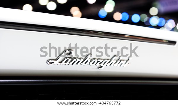 BANGKOK - MARCH 22 : The Logo\
of Lamborghini on display at The 37th Bangkok International Motor\
Show : No Ã?Â Boundaries Mobility on March 22, 2016 in Bangkok,\
Thailand.