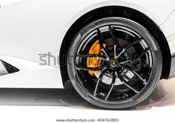 BANGKOK - MARCH 22 : Wheel of
Lamborghini on display at The 37th Bangkok International Motor Show
: No Ã?Â Boundaries Mobility on March 22, 2016 in Bangkok,
Thailand.
