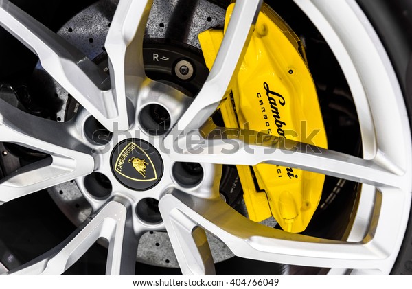 BANGKOK - MARCH 22 : Wheel of\
Lamborghini on display at The 37th Bangkok International Motor Show\
: No Ã?Â Boundaries Mobility on March 22, 2016 in Bangkok,\
Thailand.