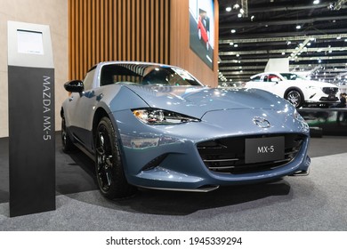 BANGKOK - MARCH 29, 2021 : The Mazda MX-5 car on display at Bangkok International Motor Show in Bangkok, Thailand. The fourth generation of Mazda MX5.