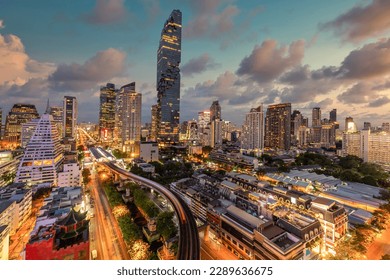 Bangkok modern office buildings in Bangkok city downtown with sunset sky, Silom, downtown Bangkok, Thailand.