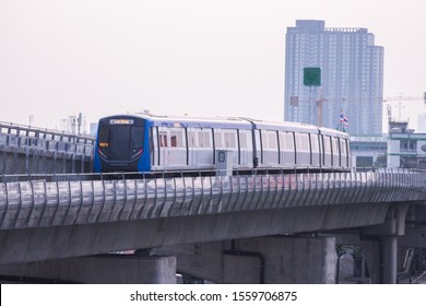 Bangkok MRT Train Blue Line No.28 Is Running At Tha Phra Station. Translation: 