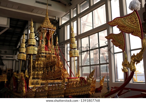 Bangkok\
National Museum, Bangkok, Thailand - April 2019 : The Minor Royal\
Chariot on display in the Royal Chariot\
Building.