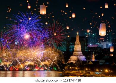 Bangkok Newyear Countdown Fireworks At Wat Arun Temple, Bangkok, Thailand.