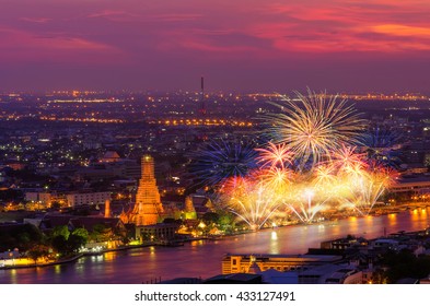 Bangkok Newyear Countdown Fireworks At Wat Arun Temple, Bangkok, Thailand.