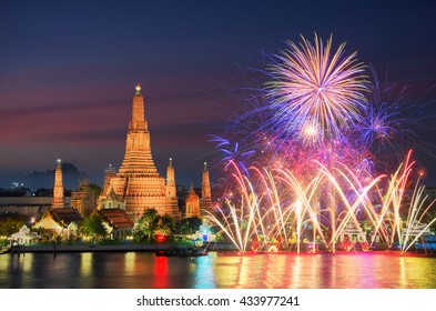 Bangkok Newyear Countdown Fireworks At Wat Arun Temple, Bangkok, Thailand.