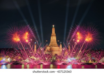 Bangkok Newyear Countdown Fireworks At Wat Arun Temple, Bangkok, Thailand.