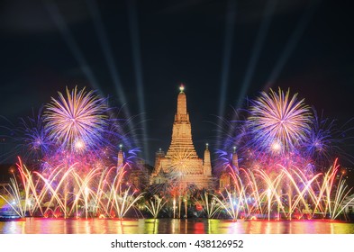 Bangkok Newyear Countdown Fireworks At Wat Arun Temple, Bangkok, Thailand.