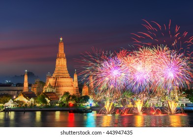 Bangkok Newyear Countdown Fireworks At Wat Arun Temple, Bangkok, Thailand.