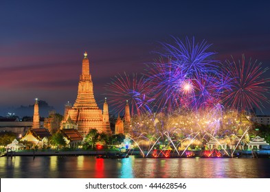 Bangkok Newyear Countdown Fireworks At Wat Arun Temple, Bangkok, Thailand.