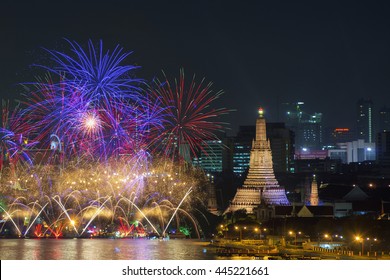 Bangkok Newyear Countdown Fireworks At Wat Arun Temple, Bangkok, Thailand.