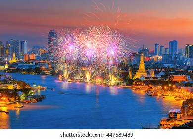 Bangkok Newyear Countdown Fireworks At Wat Arun Temple, Bangkok, Thailand.