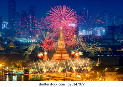 Bangkok Newyear Countdown Fireworks At Wat Arun Temple, Bangkok, Thailand.