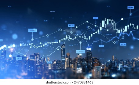 Bangkok night cityscape and forex stock market hologram, candlesticks dynamics and statistics, bar chart with numbers. Concept of money investment, trading and profit