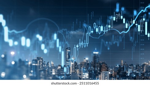 Bangkok night cityscape and forex stock market hologram, candlesticks dynamics and statistics, bar chart with numbers. Concept of money investment, trading and profit - Powered by Shutterstock