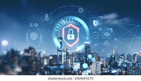 Bangkok night skyline and biometric verification hud, digital shield lock hologram, encrypted data in metaverse. Concept of business data protection and confidential information