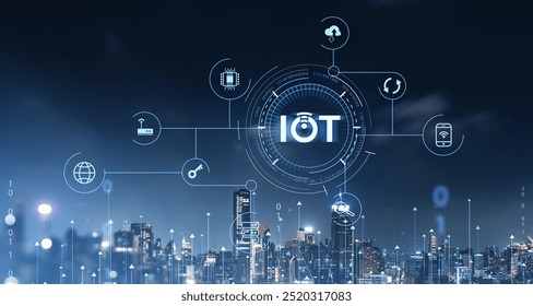 Bangkok night skyline, internet of things (IOT) hologram and icons, global network and connection in cyberspace. Concept of future technologies and smart business city