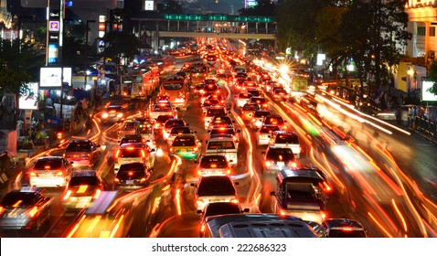 BANGKOK - OCT 9: Traffic jam in city center on Oct 9, 2014 in Bangkok, Thailand. Annually an estimated 150,000 new cars join the heavily congested streets of the Thai capital. 