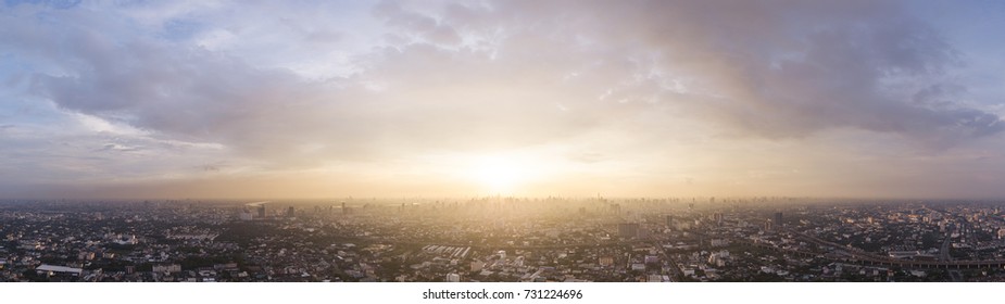 Bangkok Skyline With Dramatic Sunset Aerial Sky Panorama,