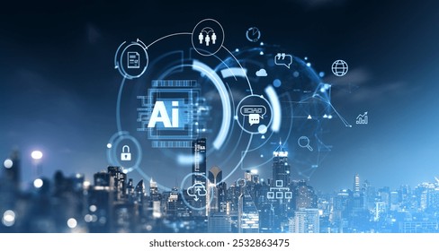 Bangkok skyscrapers at night, double exposure digital hologram with AI chip and futuristic communication icons. Concept of machine learning, artificial intelligence and information processing