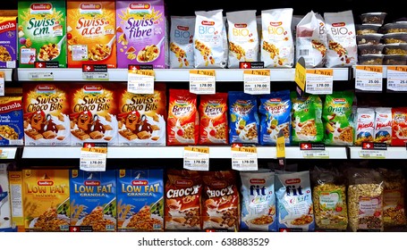 Bangkok, TH - MAY 12, 2017: Various Corn-flakes Cereals On Shelf In A Super Market.