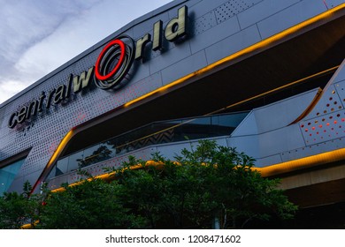 Bangkok / Thailand - 07 24 2018: Lights on the front of the enormous shopping plaza CentralWorld placed in Bangkok, Thailand. CentralWorld is the eleventh largest shopping complex in the world.