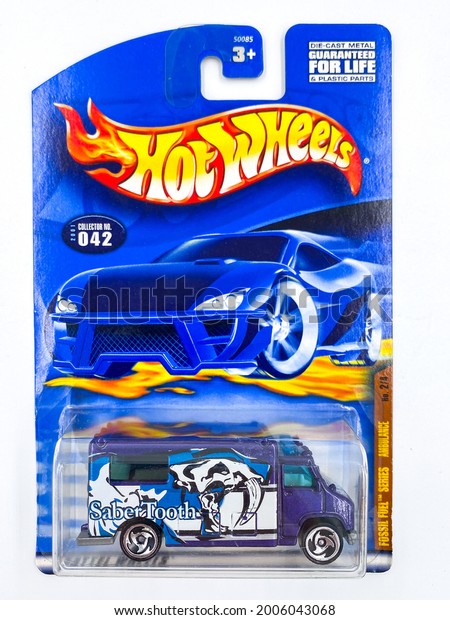 Bangkok Thailand - 08\
Jul 2021: Pack of Hot Wheels die cast carded car model for Hot\
Wheels series. Hot Wheels is a scale die-cast toy cars by American\
toy maker Mattel